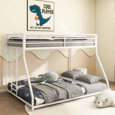 Bed Frame, Sturdy Twin over Full Metal Bunk White for Kids and Adult, Low Profile and Easy Climbing with Stable Ladder
