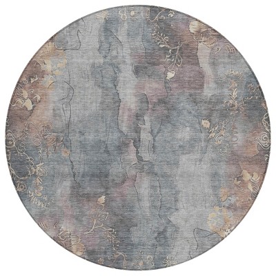 HomeRoots 8' Gray And Beige Round Floral Washable Indoor Outdoor Area Rug