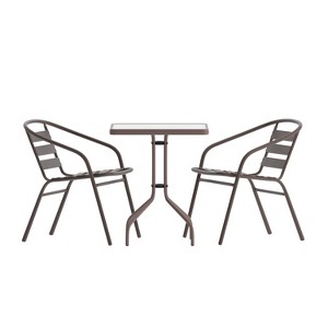 Flash Furniture Lila 23.5'' Square Glass Metal Table with 2 Metal Aluminum Slat Stack Chairs - 1 of 4