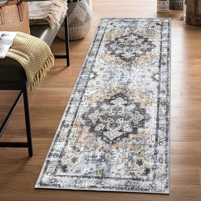 Boho Floral Vintage Faux Wool Washable Area Rug Ultra Thin Stain Resistant Pet Friendly Non Slip Accent Carpet for Living Room Bedroom Kitchen