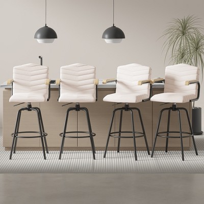 VECELO Bar Stools with Backs & Arms Set of 2, Counter Height Barstools Set with Tufted Upholstery & Footrest Ring, White/Brown