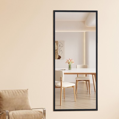 Glasflength Full Length Mirrors Floor Standing Wall Mirror, Bedroom Foyer Clothing Store Wall Mounted Mirror, Wooden Frame Square Black 31.5"*71"