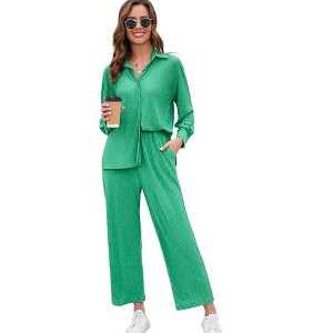 Women Two Piece Casual Outfits Y2K Loungewear Pleated Wide Leg Pants Long Sleeve Button Down Shirt Streetwear Set - 1 of 4