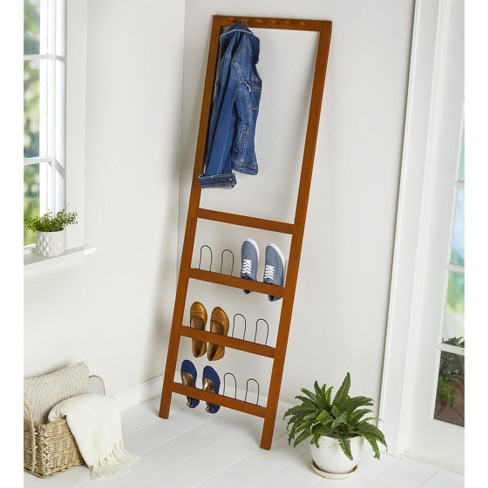 Lakeside Leaning Shoe Rack And Entryway Organizer With Coat Hangers Walnut Target