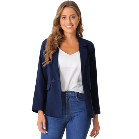 Allegra K Women's Work Office Casual Double Breasted Blazer with Pocket Medium Navy Blue