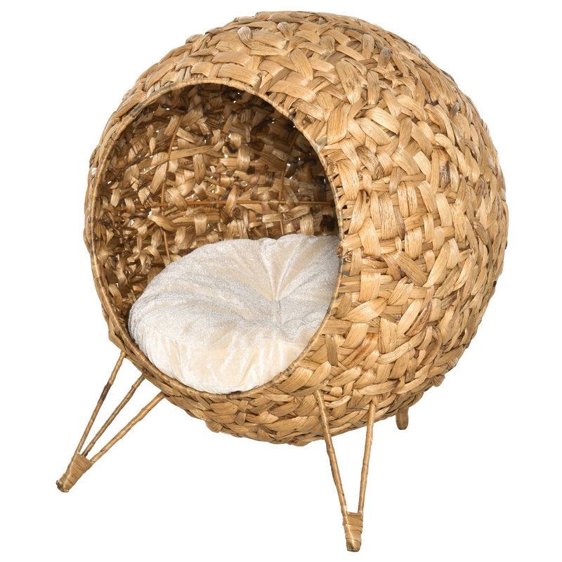 PawHut 20.5" Rattan Cat Bed, Elevated Wicker Kitten House Round Condo with Cushion, 4 of 7