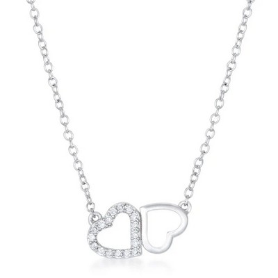 ShineHigh Rhodium-Plated Interlocking Double Heart Pendant Necklace with Sparkling Cubic Zirconia Accents – Romantic Symbol of Love