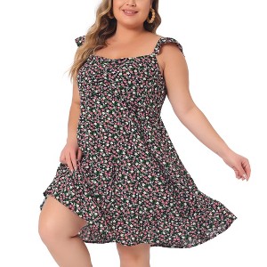 Agnes Orinda Women's Plus Size Sweetheart Neck Back Tie Ruffle Cap Sleeve Floral Sundresses - 1 of 4