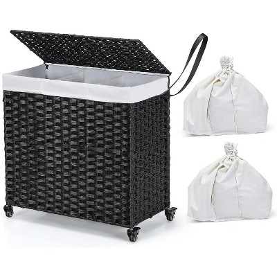 Tangkula Laundry Hamper 125L 3 Sections Clothes Hamper with Lid Wheels 2 Removable and Washable Liner Bags Divided Laundry Basket with Handles Black