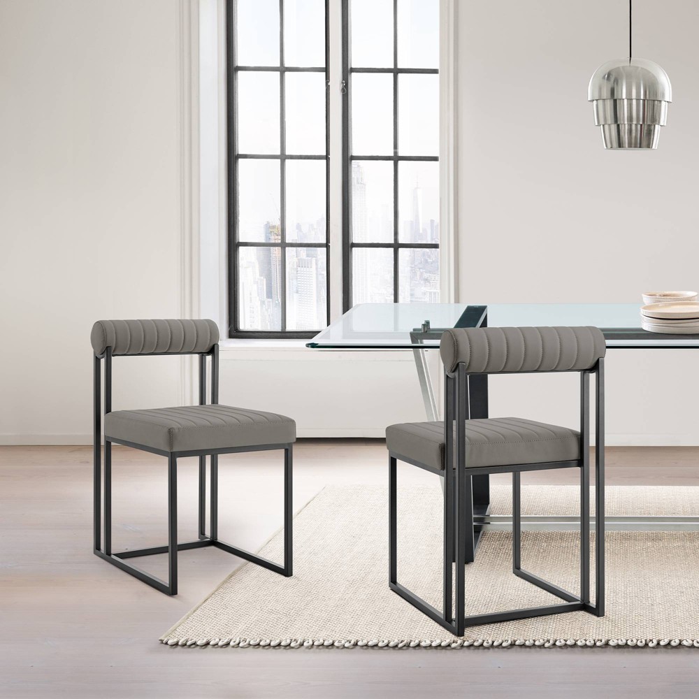 Armen Living Set of 2 Anastasia Dining Chair Iron and Faux Leather Matte Black/Light Gray