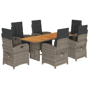 vidaXL 7-Piece Poly Rattan Patio Dining Set with Adjustable Recliner Chairs and Acacia Wood Tabletop - Gray Outdoor Furniture for Garden or Balcony - 1 of 4