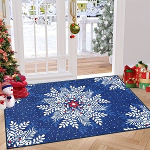 Washable Rug Christmas Rug for Living Room Non-Slip Snowflakes Floor Cover Low Pile  Foldable Green Christmas Rugs - 1 of 4