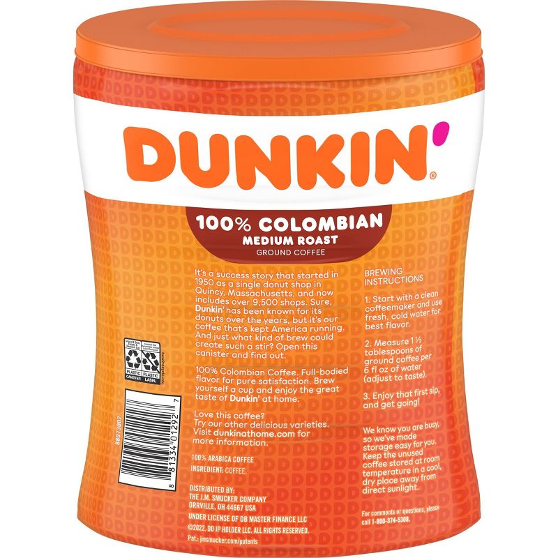Dunkin Canister Colombian Medium Roast Coffee - 27.5oz, 3 of 8