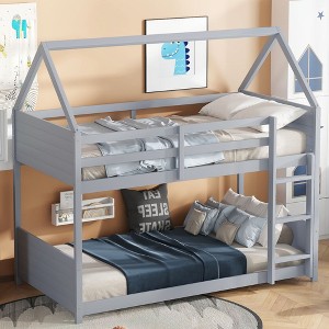 NicBex Twin over Twin Bunk Bed House-Shaped Wooden Bed Frame with Ladder and Full Length Guardrail, Space Saving, No Box Spring Required - 1 of 4