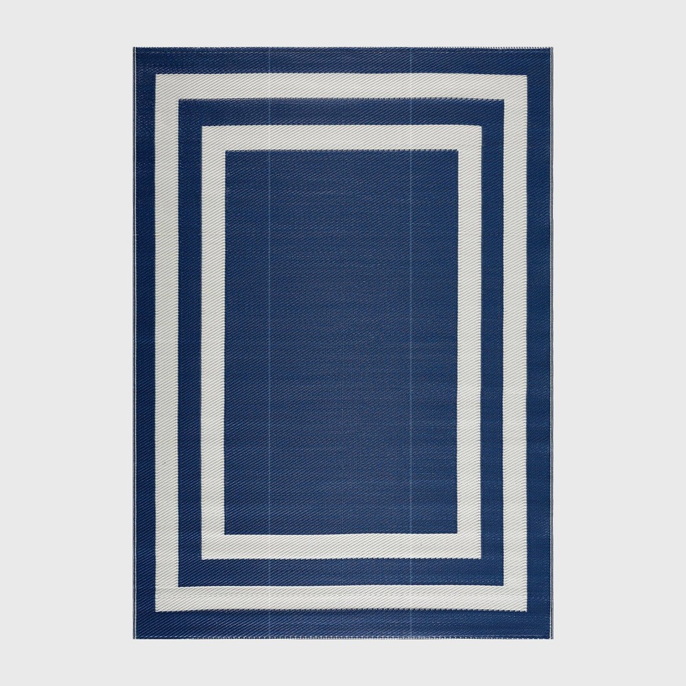 Playa Rug 8'x10' Paris Recycled Plastic Indoor Outdoor Folded Floor Mat Navy and Creme: UV & Water-Resistant, Woven Polypropylene