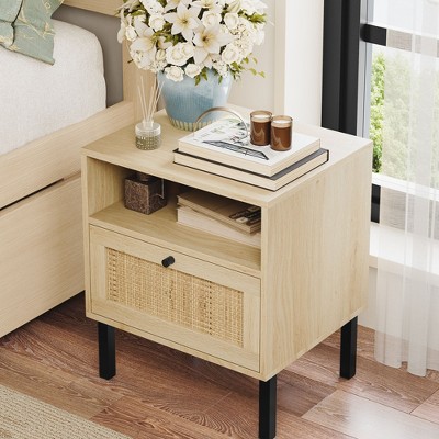 Angel Sar Rattan Nightstands Set of 2, Boho Night Stand with 1 Door, Natural Wood
