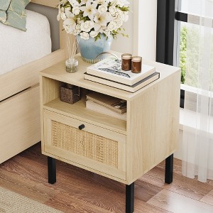 Angel Sar Rattan Nightstands Set of 2, Boho Night Stand with 1 Door, Natural Wood - 1 of 4