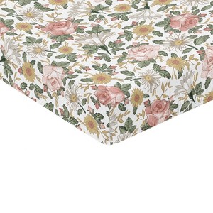 Sweet Jojo Designs Baby Girl Fitted 100% Cotton Muslin Crib Sheet Vintage Floral Pink Green and Yellow - 1 of 4