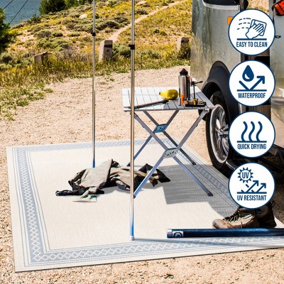 Lucia Cream and Blue Diamond Border Indoor/Outdoor Rug