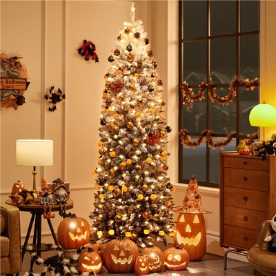 Yaheetech 6Ft/7.5Ft/9Ft Prelit Flocked Pencil Artificial Christmas Tree with Warm White Lights & Snow Branch Tips, Hinged Spruce, Green