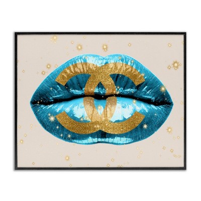 Stupell Industries Designer Fashion Logo Lustrous Blue Lipstick Lips Black Framed Giclee Art