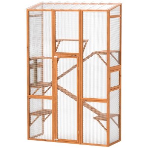 Outdoor Catio Cat Enclosure, Large Wooden Cat House with 6 Jumping Platforms, Scratching Post, 2 Ramps - 1 of 4