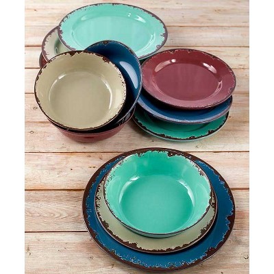 Lakeside Rustic Melamine Dinnerware Set - Plastic Farmhouse Plates and Bowls - 12 Pc.