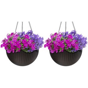 Sorbus Hanging Planter Round Self-Watering Basket, Resin Woven Wicker Style, Great for Home, Garden, Patio - Espresso Brown (Large, 2-Pack) - 1 of 4