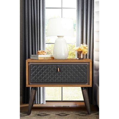 Rustic Oak & Black Leather Tufted 1-Drawer Nightstand