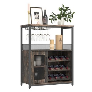 3-Tier Wine & Coffee Bar Cabinet with Storage Door, Liquor Cabinet with Wine Rack & Glass Holder for Kitchen, Dining Room, Living Room, Burnt - 1 of 4