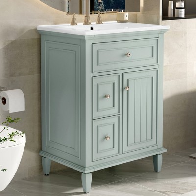 JUJABU 24" Bathroom Vanity with Ceramic Sink, 2 Drawers and  Adjustable Shelf
