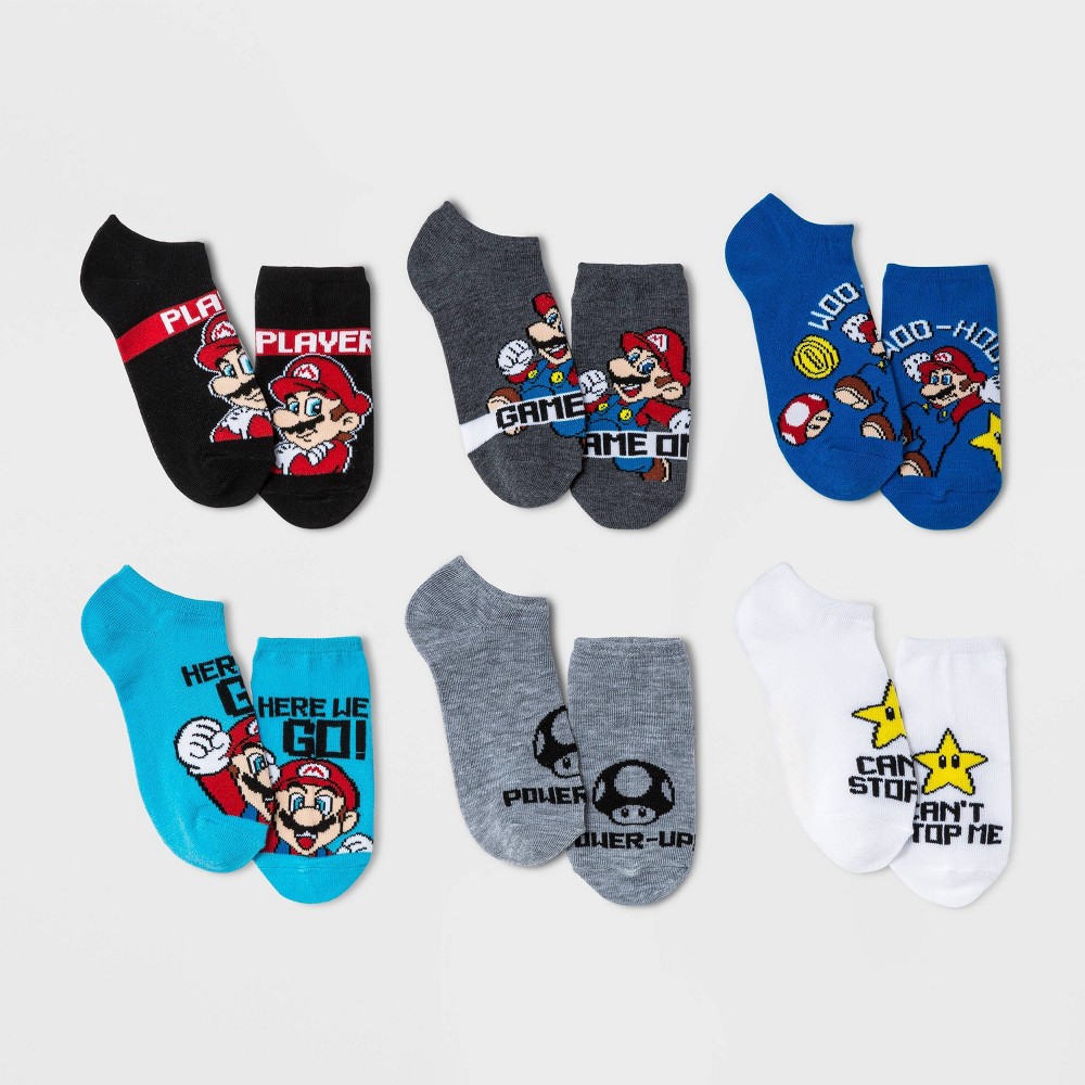 Kids' Nintendo Super Mario 6pk Socks - S/M, Black/Blue/Grey