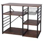 Wood and Metal Bakers Rack with 4 Shelves and Wire Basket Brown/Black - Benzara