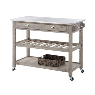 Boraam Montana Kitchen Island with Stainless Steel TopLight Barnwood Wire Brush: Acacia Wood, 2 Drawers, Storage Shelf