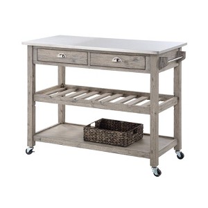 Boraam Montana Kitchen Island with Stainless Steel TopLight Barnwood Wire Brush: Acacia Wood, 2 Drawers, Storage Shelf - 1 of 4