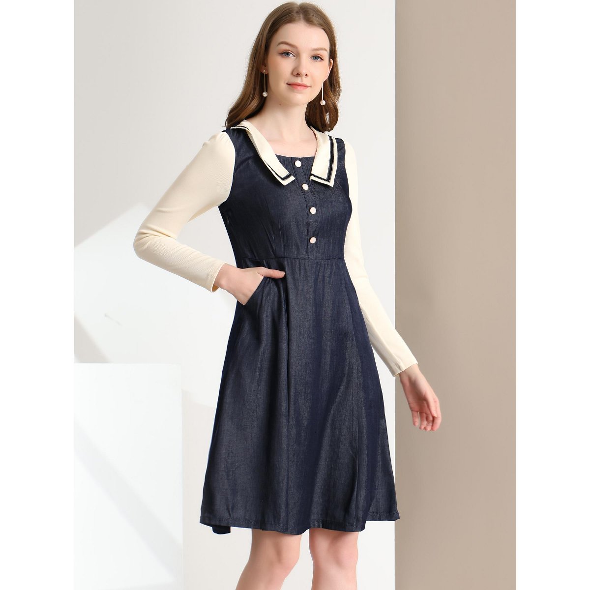 Женские платья INSPIRE CHIC Women's Chambray Contrast Collar Long Sleeve Denim Dresses X-Small Blue — фото 2