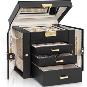 4-Tier Jewelry Box Leather Jewelry Storage Organizer with 3 Drawers Lockable - 1 of 4