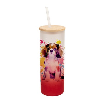 100 North 25 Ounce Frosted Glass Gradient Travel Tumbler With Straw & Wooden Lid, King Charles Spaniel Paint Splatter Red