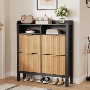 Narrow Fluted Shoe Cabinet w/ 4 Flip Drawers - Freestanding Slim Hidden Storage for Entryway/Hallway/Living Room/Bedroom - 1 of 4