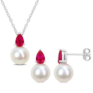 EVERLY JEWELRY | Sterling Silver 8.5-9mm Cultured Freshwater Pearl and 2ct TGW Created Ruby Pendant with Chain and Earrings Set - 18 in - 1 of 4