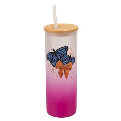Elanze Designs 25 Ounce Frosted Glass Gradient Travel Tumbler With Straw and Wooden Lid, Blue Monarch Butterflies Pink