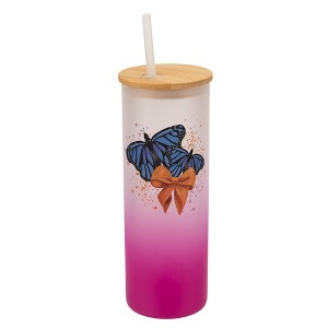 Elanze Designs 25 Ounce Frosted Glass Gradient Travel Tumbler With Straw and Wooden Lid, Blue Monarch Butterflies Pink - 1 of 1