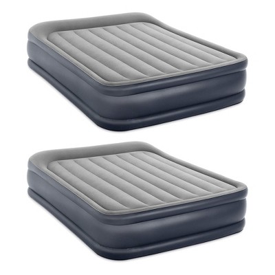 Intex Dura Beam Deluxe Fiber-Tech Pillow Rest Raised Velvet Blow Up Air Mattress Bed with Built in Electronic Pump and Carrying Bag, Queen (2 Pack)