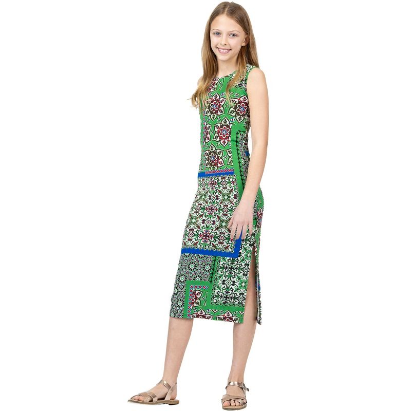 24sevenkid Girls Green Scarf Print Side Slit Maxi Dress, 2 of 6