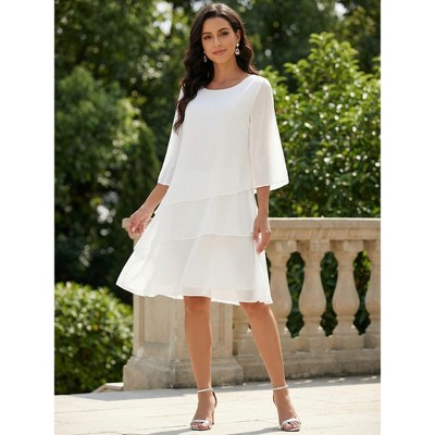 Женские платья INSPIRE CHIC Women's Round Neck Semi Sheer 3/4 Bell Sleeve Asymmetrical Layered Tiered Midi Dress Whites Medium — фото 5