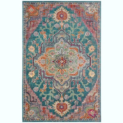 Teal Rose Floral Elegance Round Rug - Synthetic, Stain-Resistant