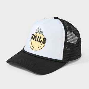 Girls' Peanuts Snoopy Smile Trucker Hat - Black: Adjustable Snapback, Midweight Twill, Smiley Face Design - 1 of 3