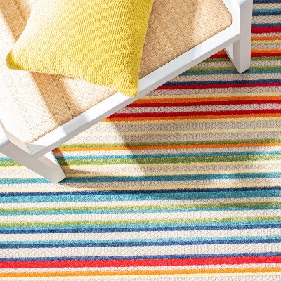 Ivory and Green Striped Synthetic Indoor/Outdoor Rug 4'5" x 6'5"