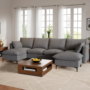 XIZZI 4-Piece Chenille Sofa Set with Large Chaise & Ottoman - Modern Sectional Sofa in White/Beige/Gray/Black, with Round/Square/Sloped Armrest - 1 of 4