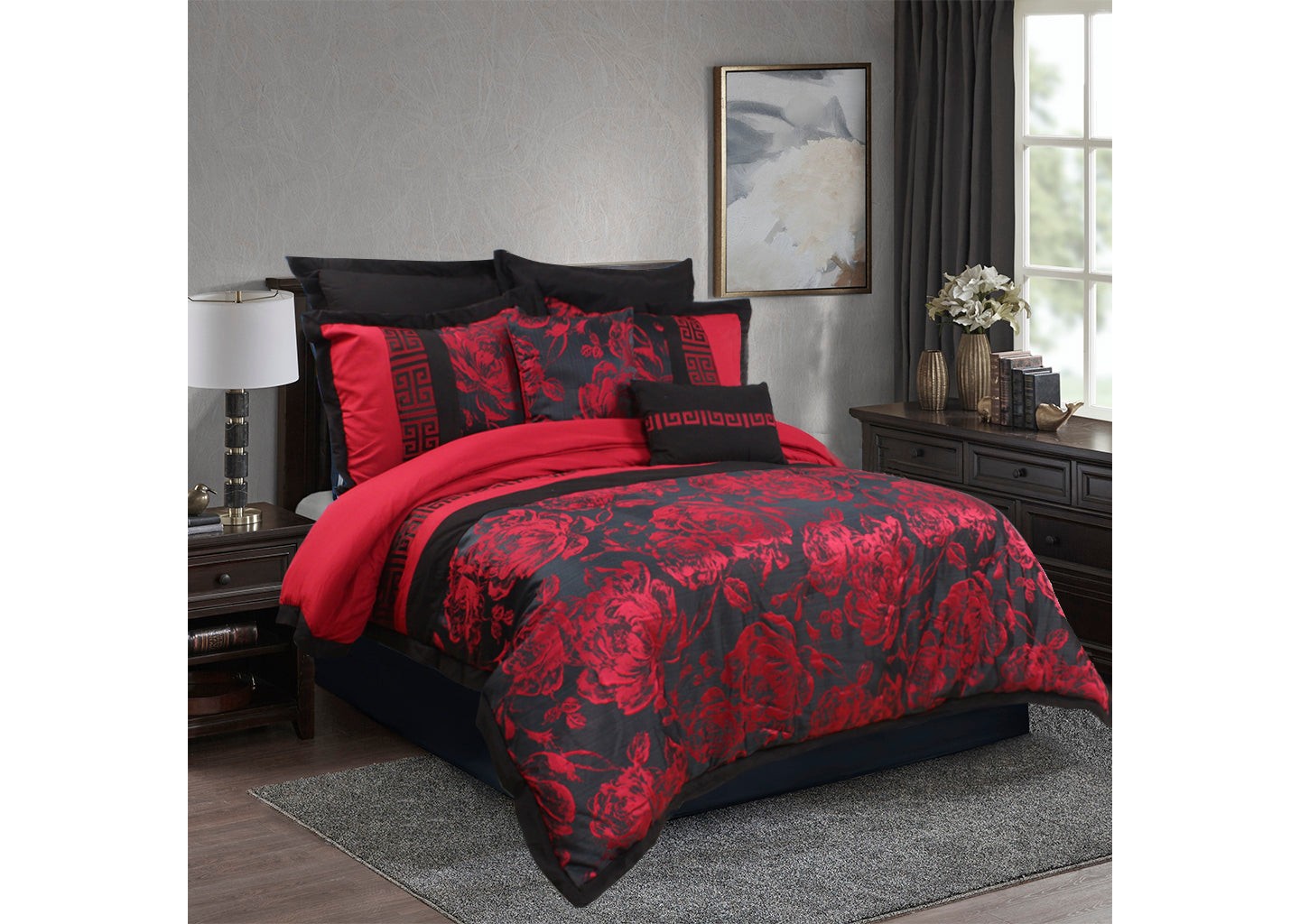 Постельное бельё HIG 8-Piece Jacquard Fabric Patchwork Bed in a Bag, Gray Queen Size Comforter Set with Floral Damask Design, Shams, Bedskirt & Decorative Pillows, цвет: Серый — фото 8